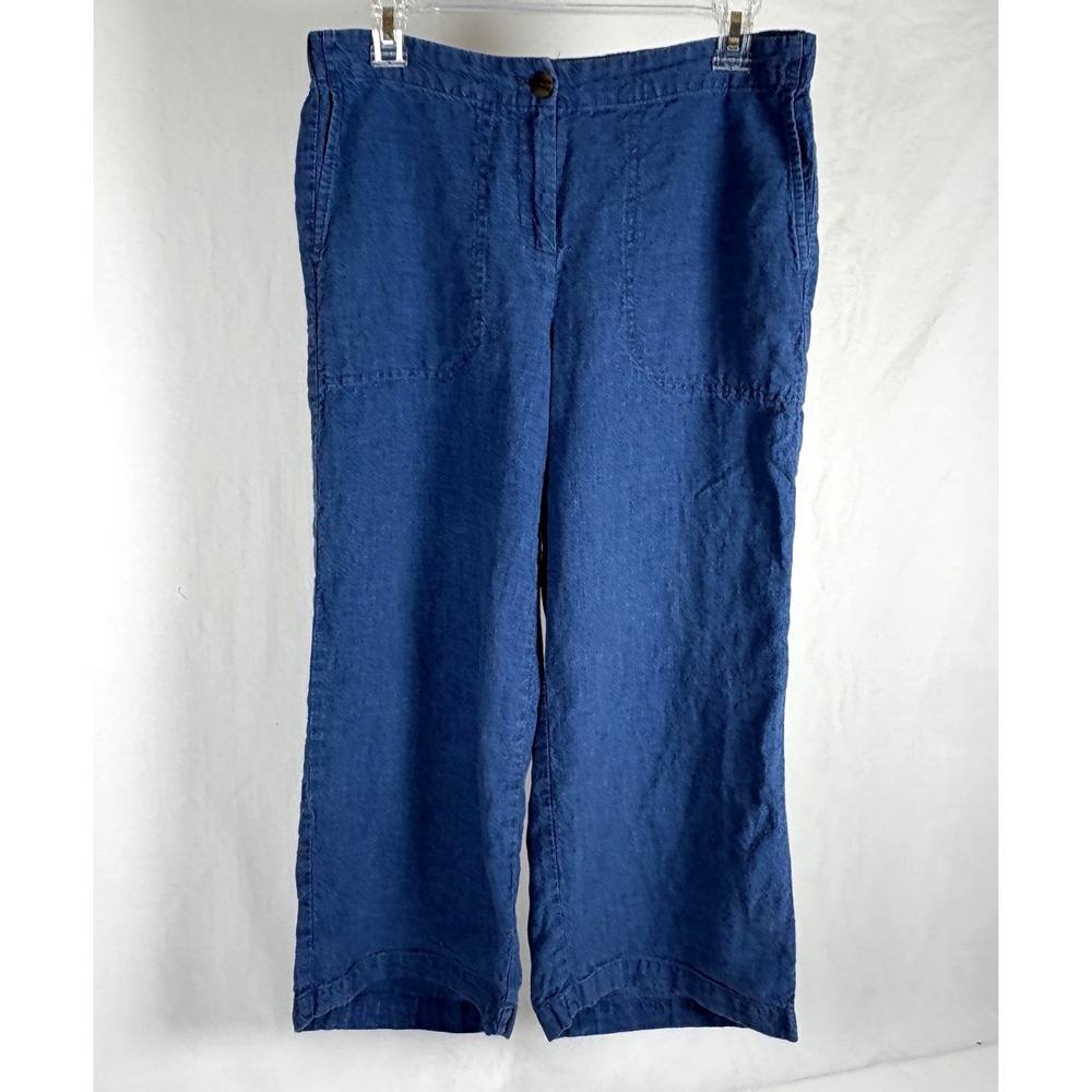 J Jill Love Linen Blue Wide Leg Pants Petite Small 100% Linen Elastic Slubby